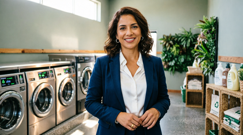 Alejandra Palma Lasprilla, Founder of LaundryPalmas Corp, standing in modern eco-friendly laundry facility in Tampa, Florida