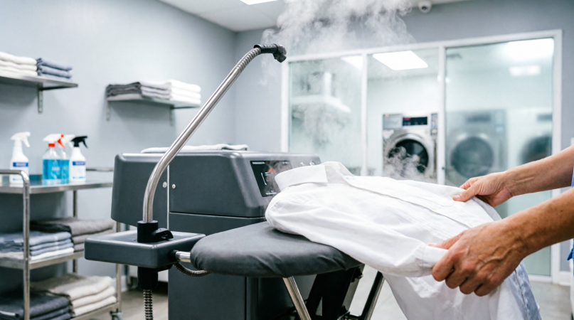 Professional ironing service: crisp white shirt being pressed
